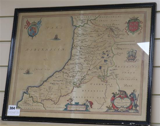 Johannes Blaeu, coloured engraving, map of Ceretica Sive Cardiganensis, 16 x 21in.